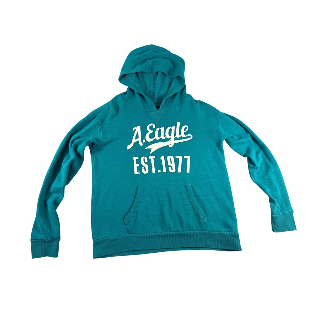 American Eagle Outfitters Teal Blue Graphic Hoodie EST 1977 Pullover Mens Medium